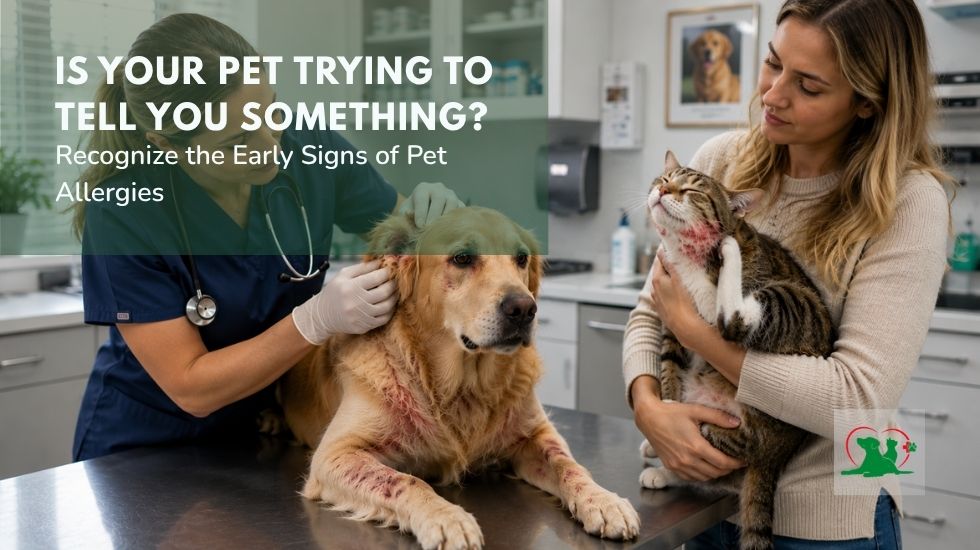 Signs Your Pet Has Allergies Veterinarian examining a dog with allergy symptoms while a pet owner holds a cat