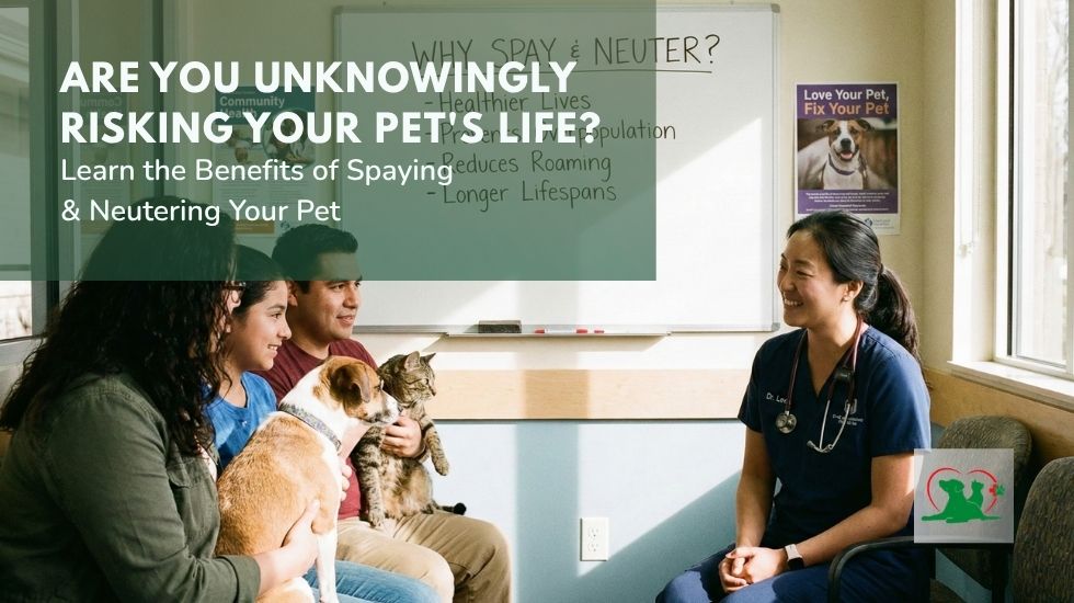 A family with their dog and cat consulting a veterinarian about spaying and neutering at an animal hospital, with a whiteboard listing benefits like healthier lives, reduced roaming, and longer lifespans.