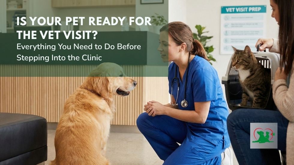 Is Your Pet Ready for the Vet Visit? Essential Pet Checkup Preparation Guide A veterinarian examining a golden retriever while a cat waits in a carrier at a veterinary clinic, demonstrating how to prepare pets for a stress-free vet visit.