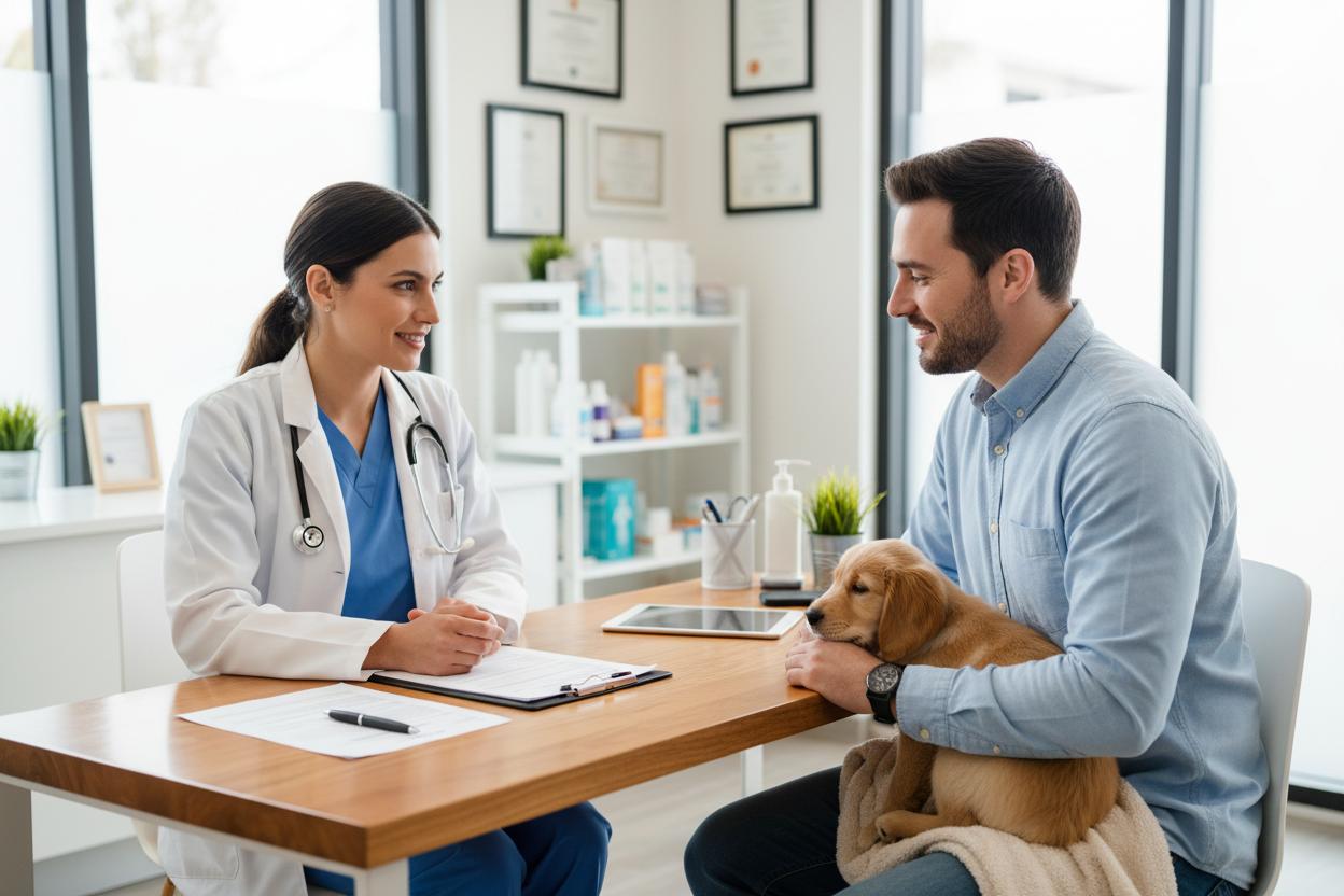 Veterinarian discussing puppy vaccination costs and preventive care options with a pet owner