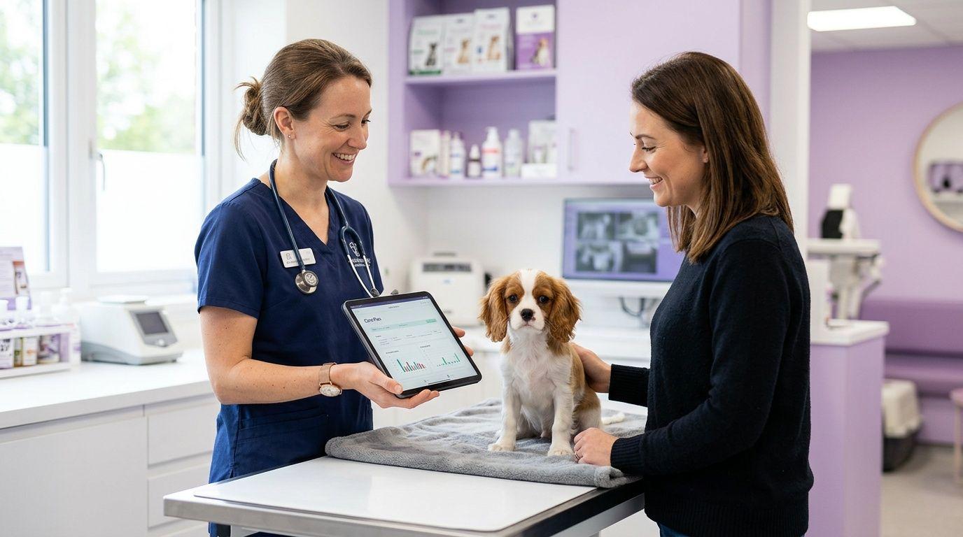 Veterinarian creating a personalized vaccination schedule for a dog and cat