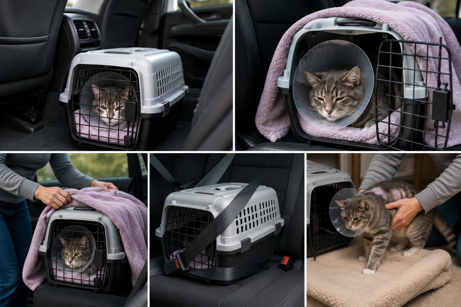 Cat wearing a recovery cone secured inside a pet carrier during the ride home after spay surgery.