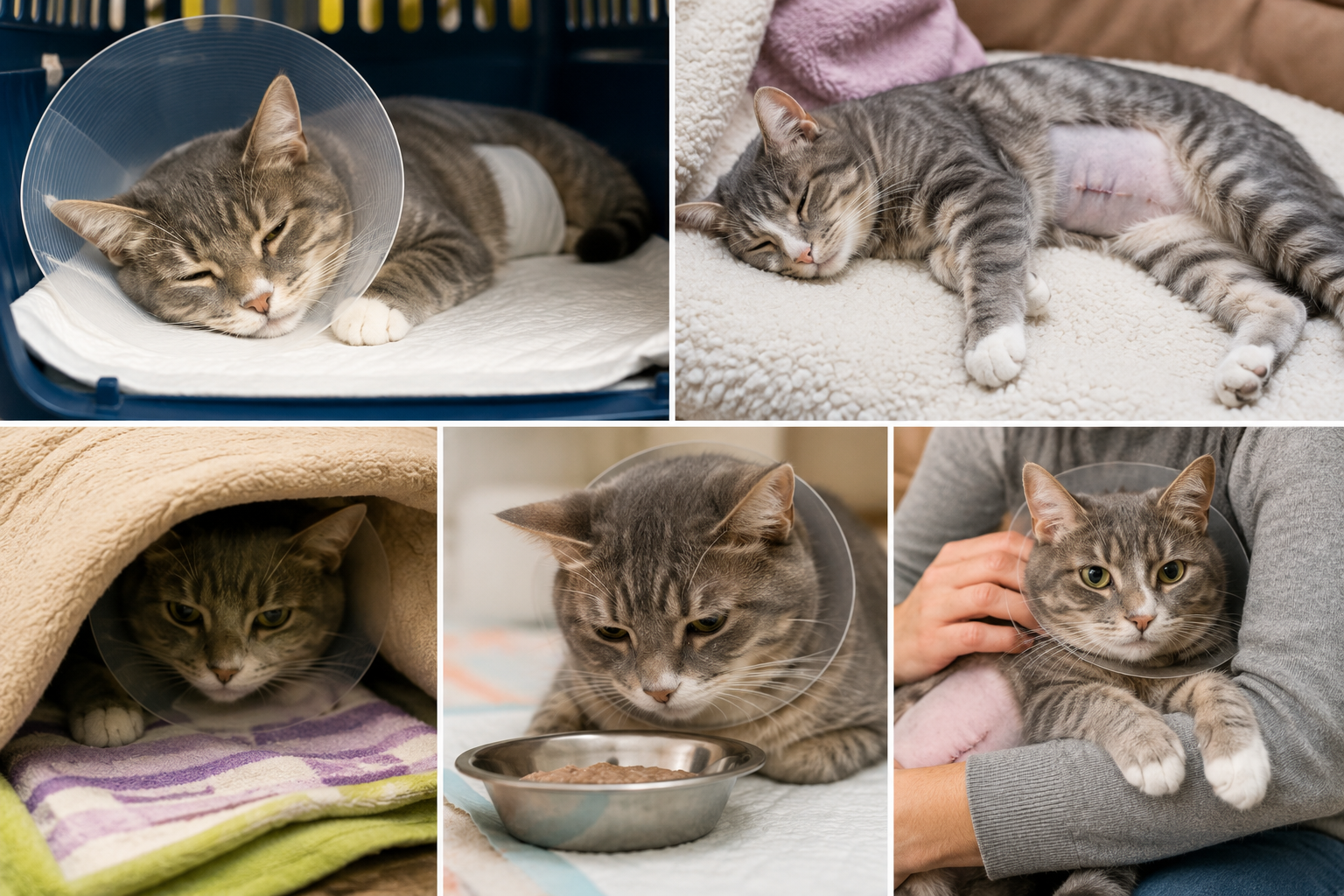 Cat recovering after spay surgery with an e-collar and healing incision during post-operative recovery.