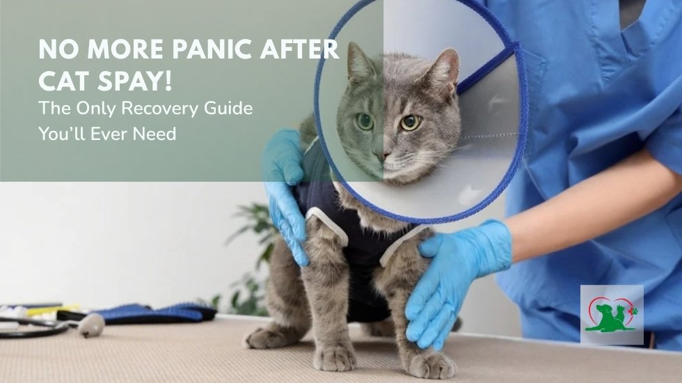A gray tabby cat wearing an Elizabethan cone and a black recovery suit being gently handled by a veterinary technician during post-spay recovery care.