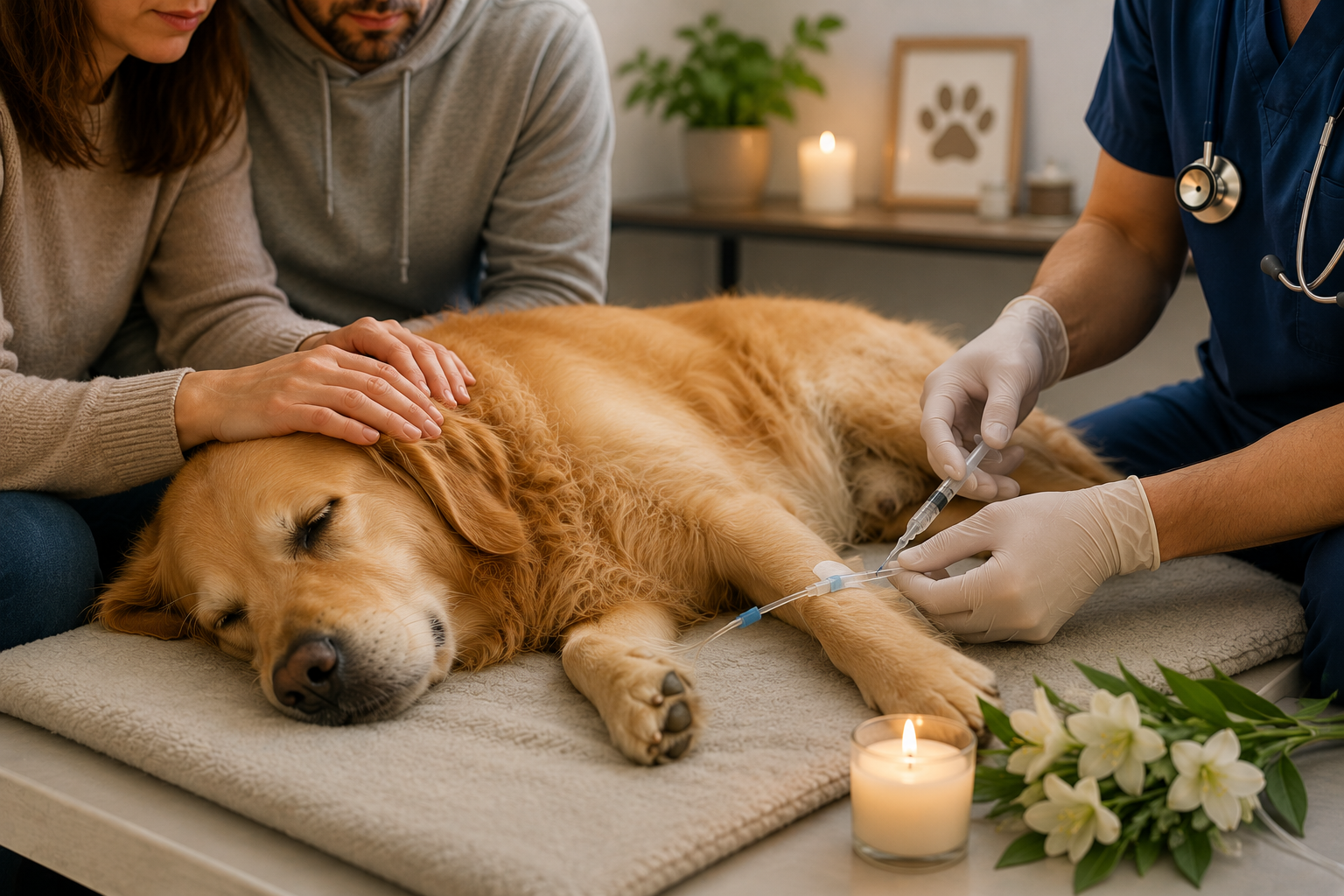 Dog receiving compassionate euthanasia at a veterinary clinic while owners comfort their pet during the final procedure