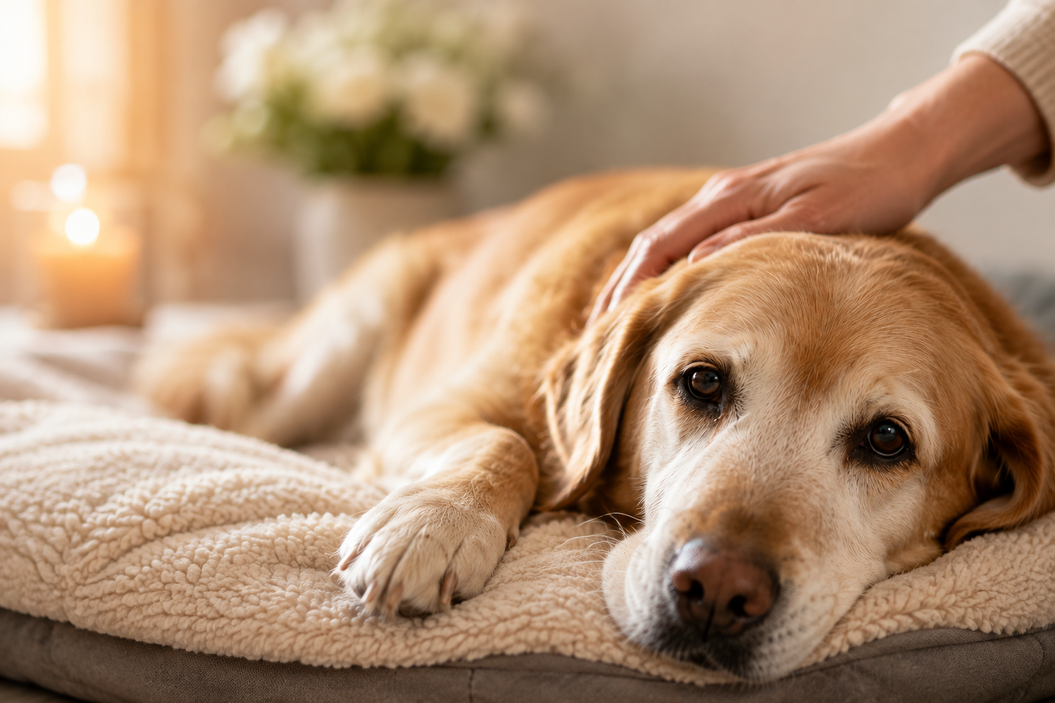 Senior dog resting peacefully while receiving gentle comfort from its owner before a compassionate euthanasia consultation in Fontana