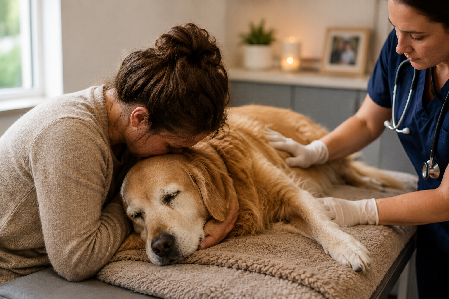 Golden Retriever receiving compassionate dog euthanasia at a veterinary clinic while the owner says a final goodbye with a veterinarian providing gentle support