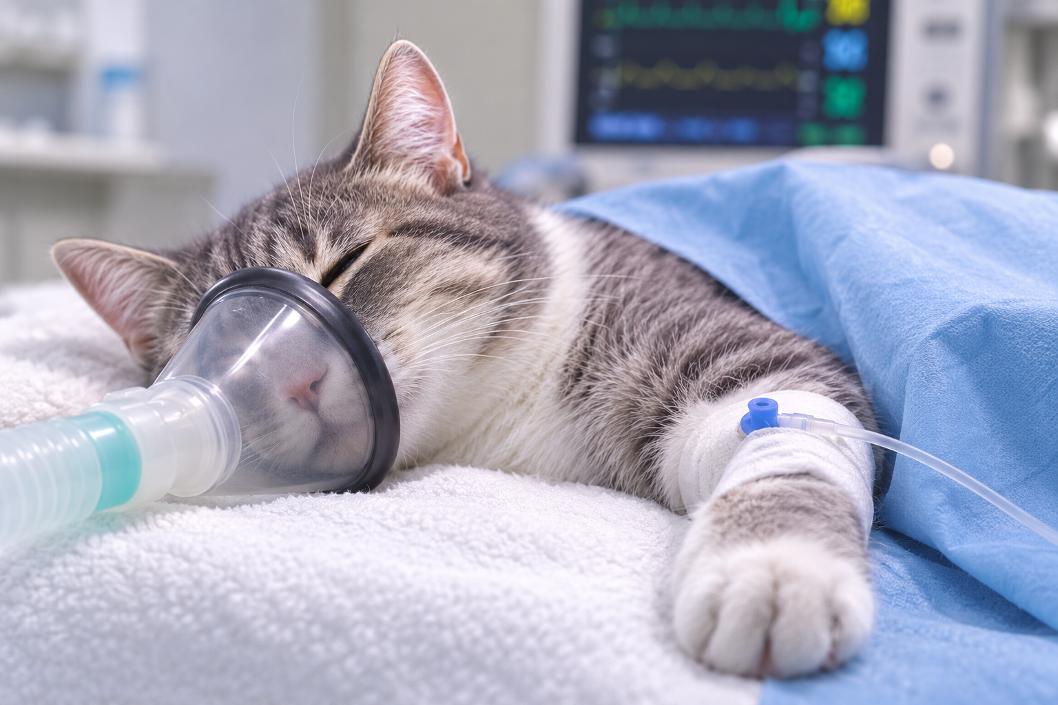 Cat under general anesthesia with an oxygen mask and IV catheter during a veterinary procedure.