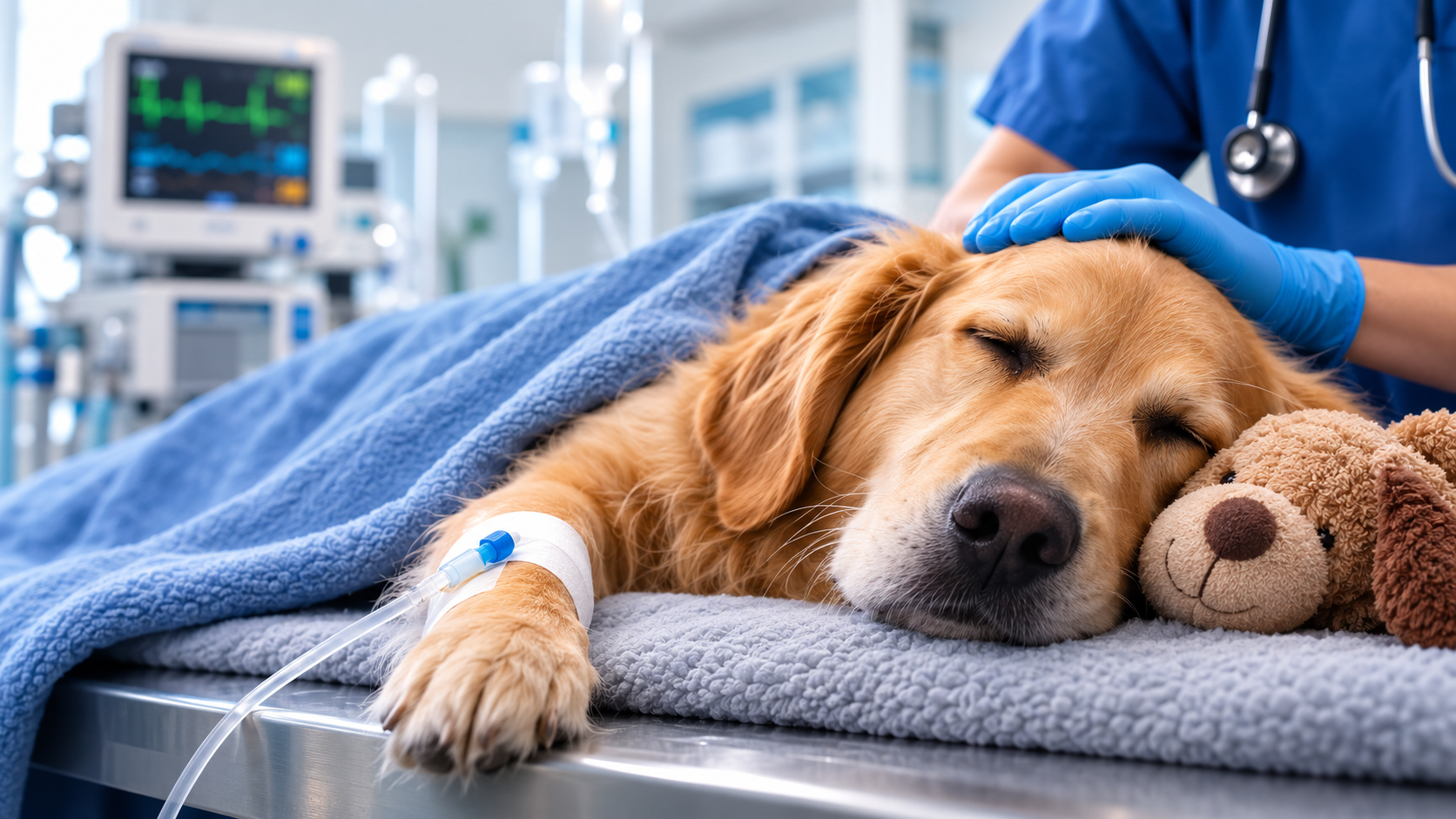 Golden Retriever recovering after anesthesia with IV catheter while a veterinarian monitors the pet in a veterinary surgical recovery room