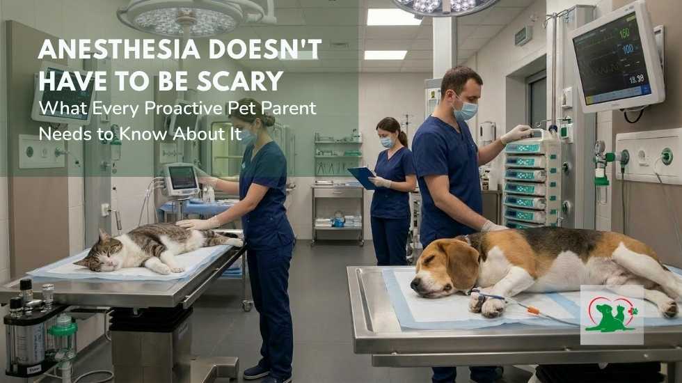 Veterinary team monitoring a cat and dog under anesthesia in a clinical operating room