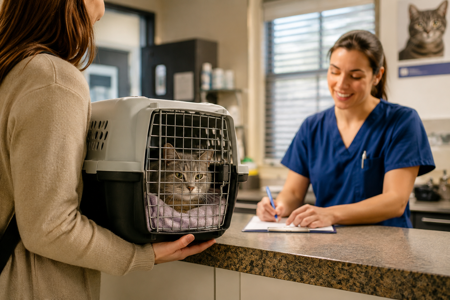 Pet owner picking up a cat after spay surgery from a veterinary clinic in Fontana, CA.