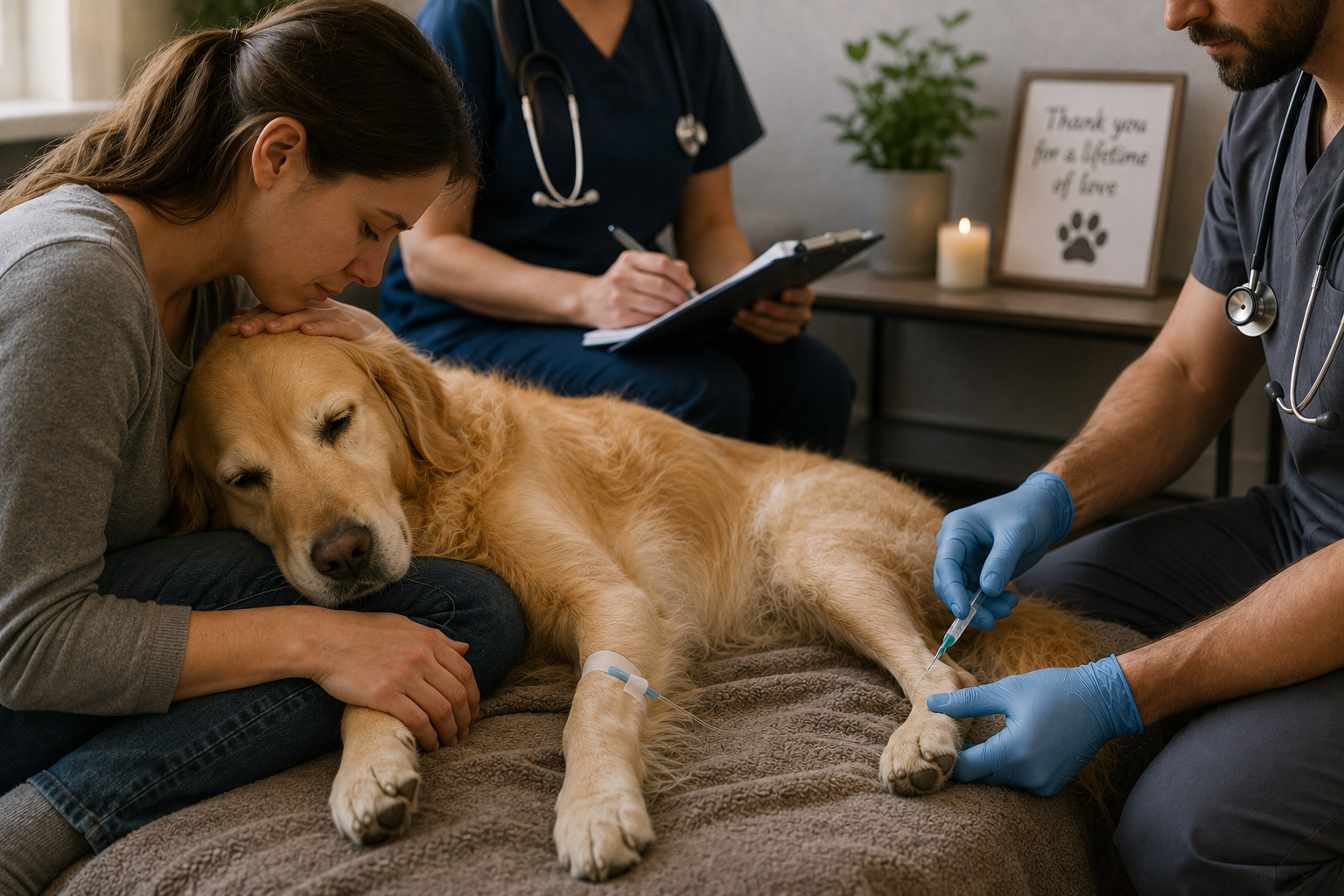 Pet owner comforting their dog during euthanasia while a veterinarian provides compassionate end-of-life care in a private veterinary clinic