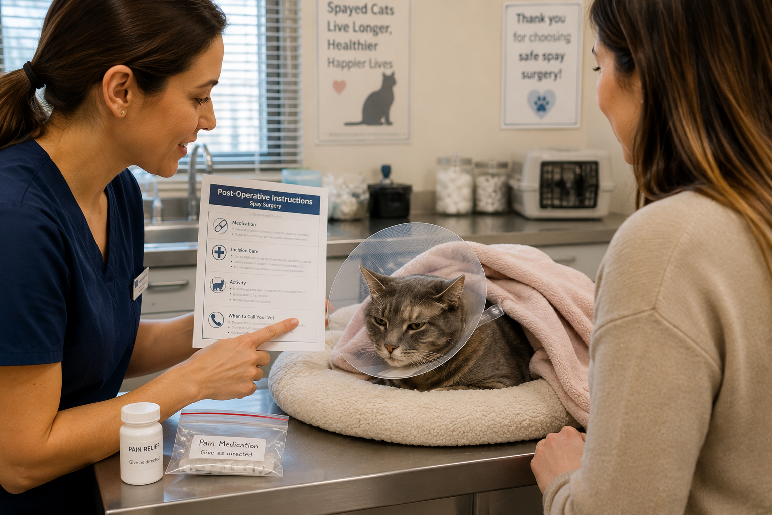 Veterinarian explaining cat spay discharge instructions to a pet owner after a vet spay procedure in Fontana, CA.