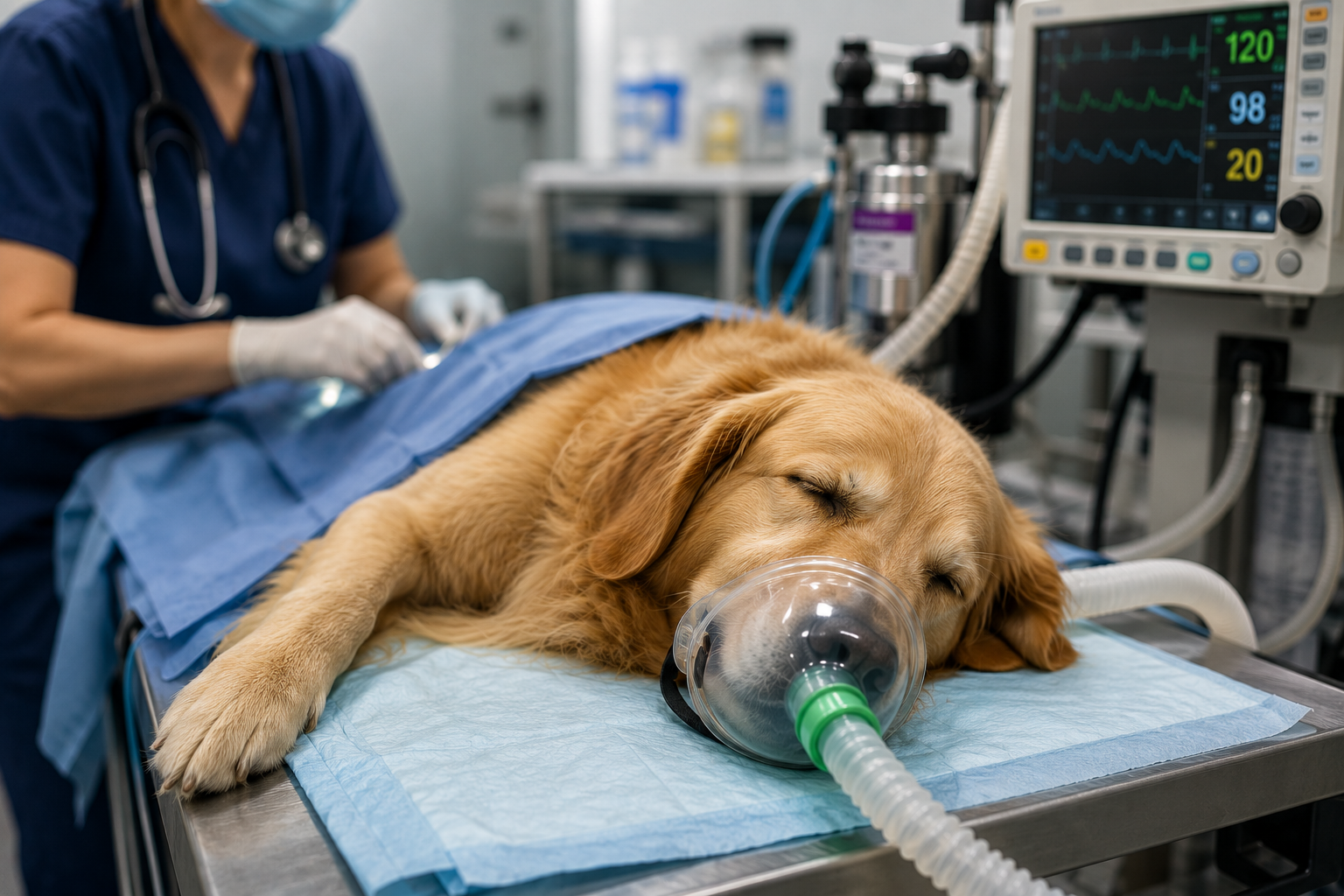 Golden Retriever under veterinary anesthesia during surgery with anesthesia mask and vital signs monitoring equipment.