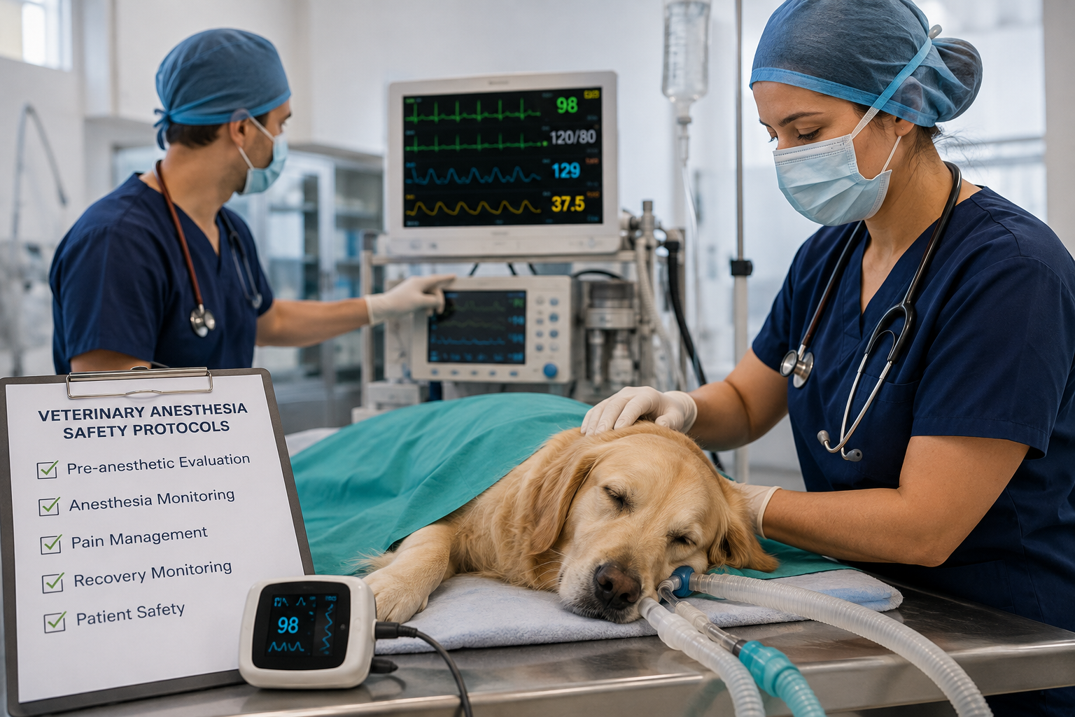 Veterinarian monitoring a dog under anesthesia during surgery using advanced veterinary anesthesia safety protocols