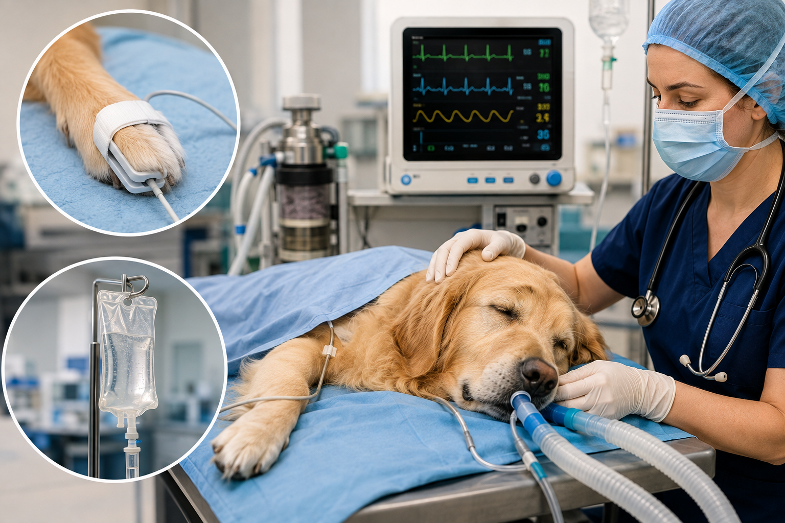 Veterinarian monitoring a dog under general anesthesia with IV fluids, pulse oximeter, and anesthesia machine during a safe surgical procedure