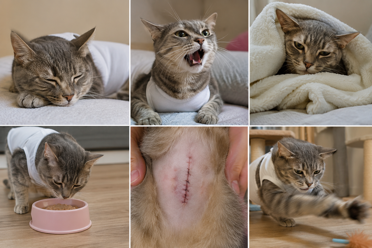 Cat recovering at home after spay surgery with a recovery suit, eating, resting, and healing during the first 24 hours.