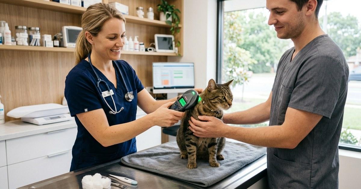 Pet owner registering a newly implanted microchip and checking the microchipping site on a dog