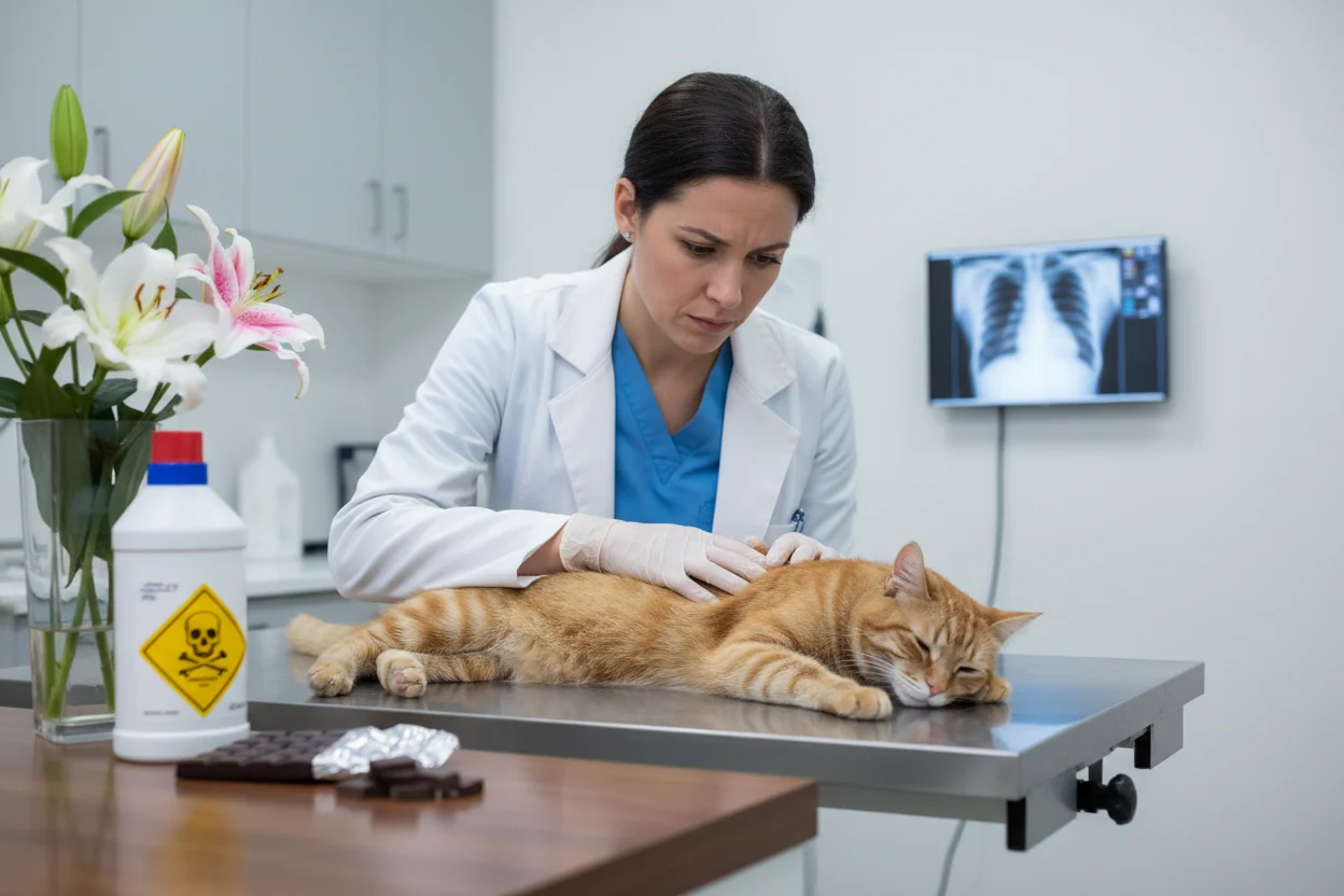 Veterinarian examining a sick cat after possible toxic substance exposure