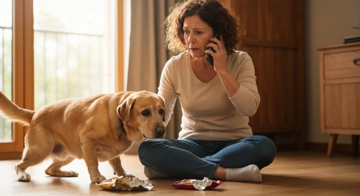Worried pet owner calling for help while her dog may have eaten something toxic